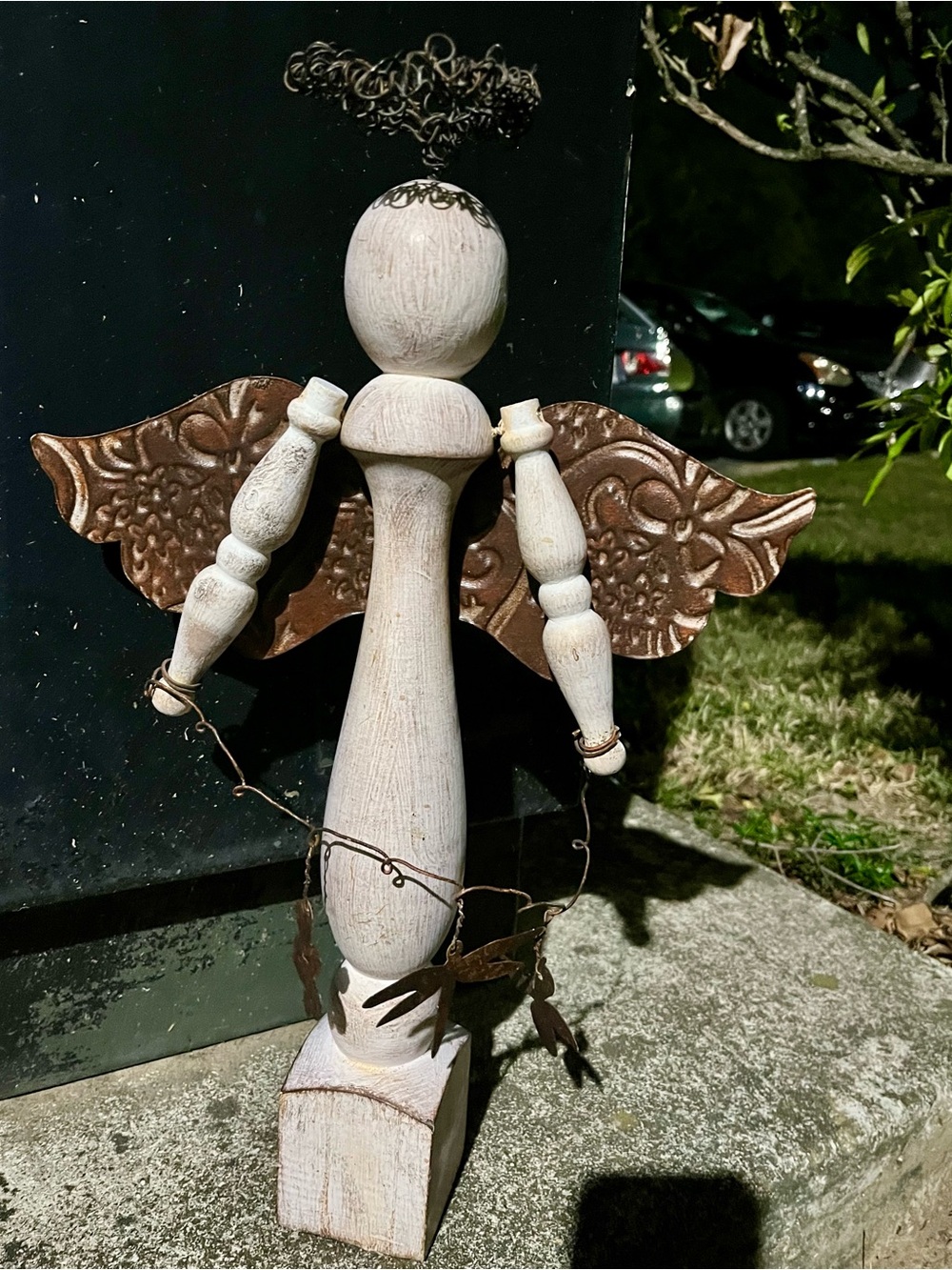 Handmade Style Folk Art Wooden Angel Sculpture, Rusty Metal Wings & Wire Accents
